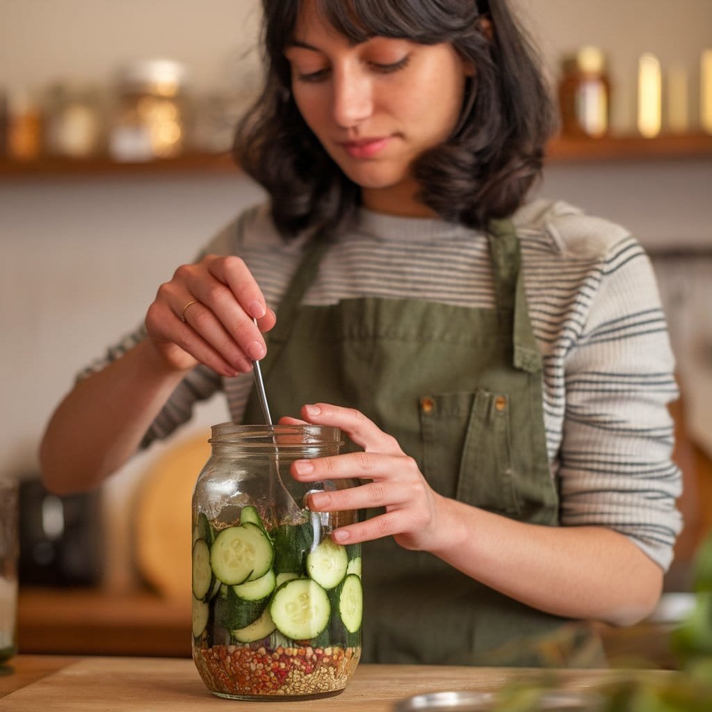 a young woman carefully mixing pickles 3