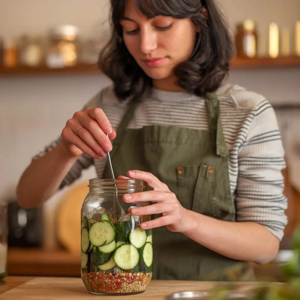 a young woman carefully mixing pickles 3