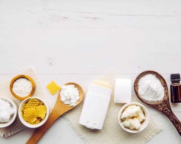 a selection of natural ingredients surrounding an unmarked deodorant tube