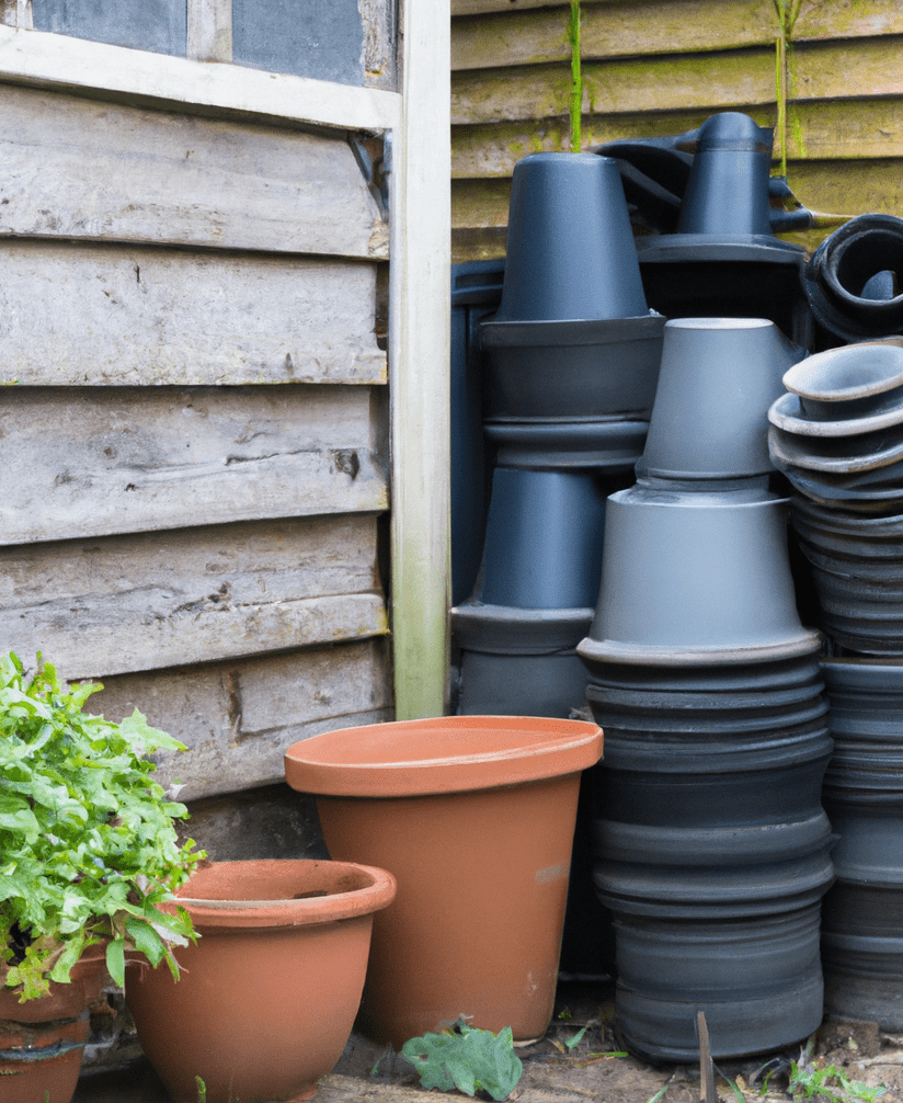 a pile of plastic garden pots piled against a shed