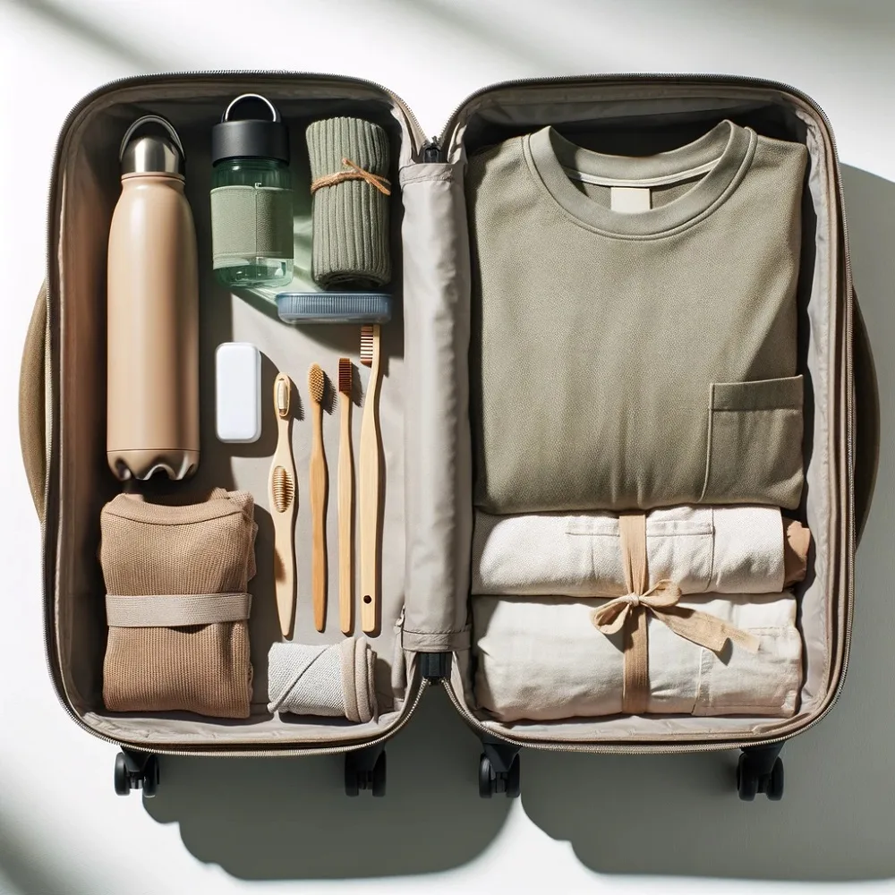 A photo showing a neatly packed suitcase or backpack with essential items, highlighting the minimalist approach to packing.