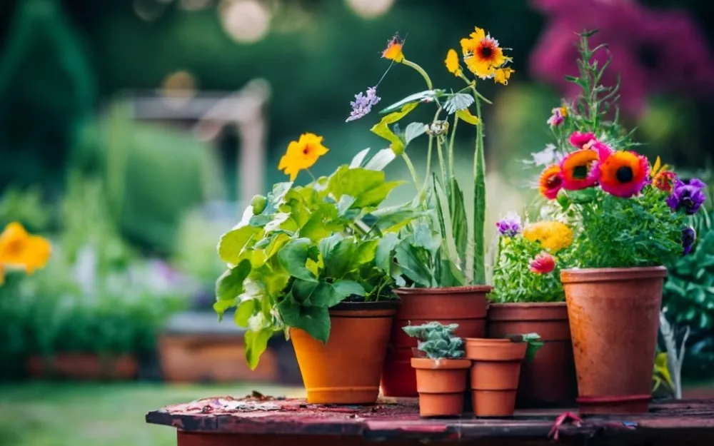 Colourful array of potted flowers and plants on a wooden bench, with a selection of yellows, reds, and purples creating a vivid display in a garden setting.