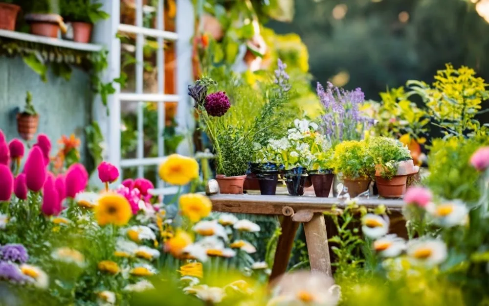 Charming cottage garden with an eclectic mix of potted plants and blooming flowers on a rustic table, set against a backdrop of a white window and climbing vines.