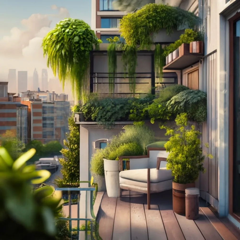 An urban balcony garden illustrating permaculture in small spaces with lush hanging plants, potted greenery, and a cozy seating area overlooking a cityscape.