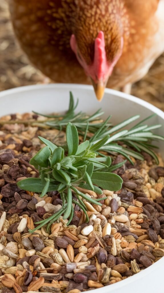 A photo of a chicken feeder filled with a mix of grains and herb supplements, including visible sprigs of wild garlic, oregano, androsemary. A chicken is in the background, pecking at the mixture, highlighting the incorporation of herbs into their diet. The image emphasizes the natural and healthy feeding process, with vibrant greens and textures of the herbs standing out against the grains.