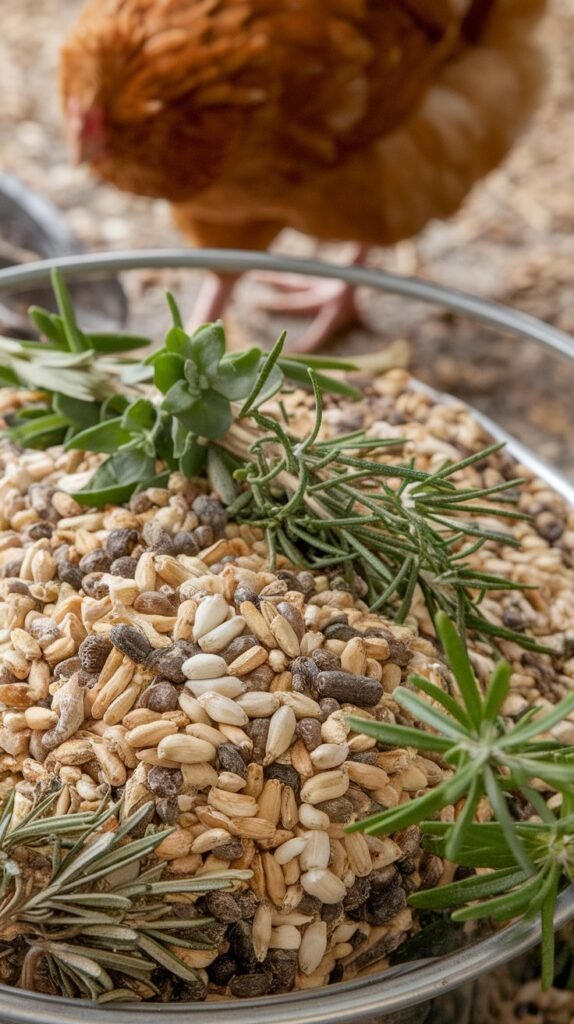 A photo of a chicken feeder filled with a mix of grains and herb supplements. Visible sprigs of wild garlic, oregano, and rosemary are mixedin with the grains. A chicken is in the background, pecking at the mixture. The image emphasizes the natural and healthy feeding process, with vibrant greens and textures of the herbs standing out against the grains.