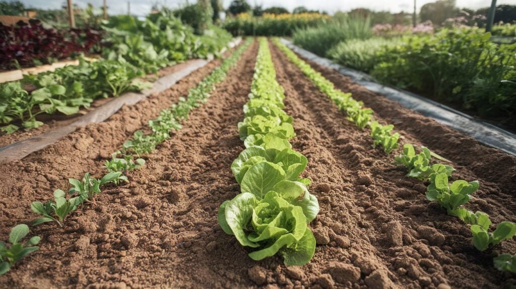 A wide-angle shot of a fully prepared allotment bed with young plants sprouting in neat rows. The soil looks well-tilled and dark,with the early stages of lettuce, radishes, or similar crops emerging. In the background, the sun shines on the lush allotment, with other garden beds visible, full of flourishing crops, creating a sense of achievement and productivity.