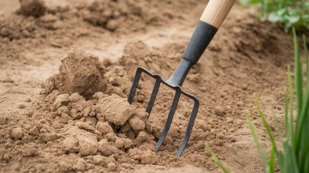 A mid-shot of a gardener using a garden fork to turn and loosen the soil. The fork is pressed into the earth, showing the gardener's effort,while clumps of soil break apart. The surrounding area is well-prepped, with clear, dark soil ready for planting, and some green shoots are visible nearby, symbolising the beginning of new growth.