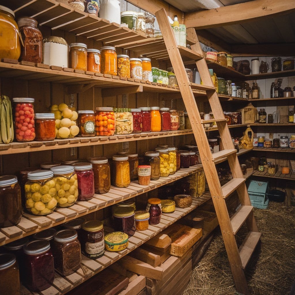 A photo of a homestead pantry with shelves full of jars of preserved food. There are jars of fruits, vegetables, and other food items. The jars are lined up neatly, and the shelves are made of wooden slats. There's a wooden ladder next to the shelves. The floor is covered with straw. The background is dimly lit. food storage and food preservation