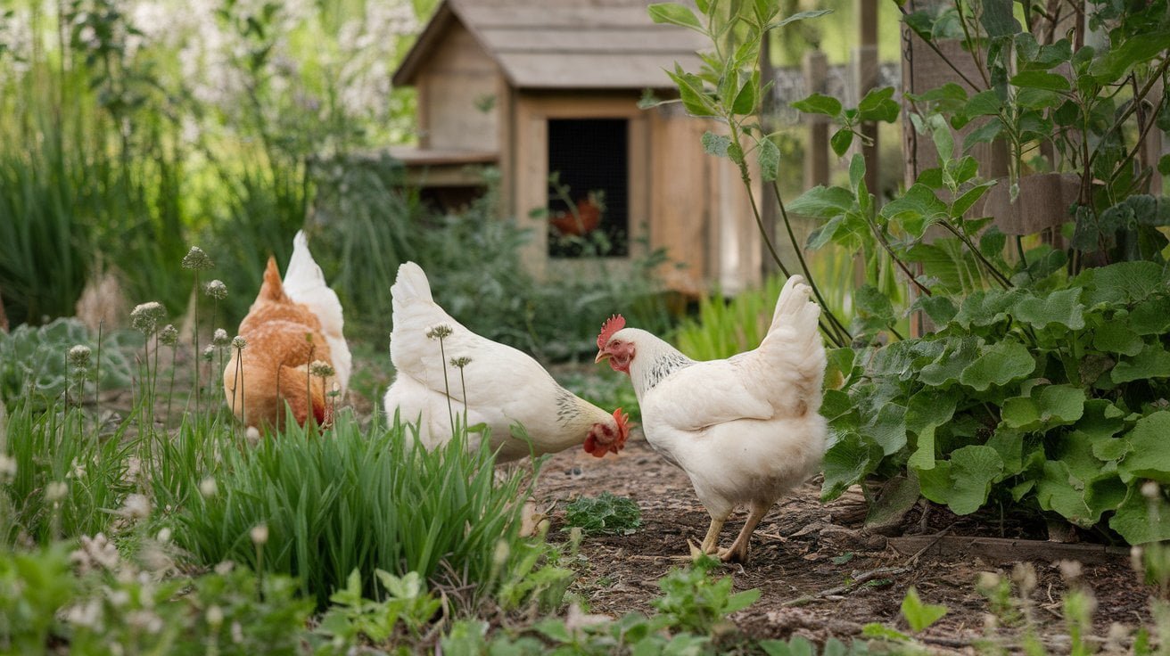 A photo of a peaceful garden scene with a few free-range chickens exploring an area with green plants. In the foreground, patches ofwild garlic are visible, with their vibrant green leaves and small white flowers, while the chickens peck curiously around them. The background shows a quaint wooden coop surrounded by greenery, illustrating a natural, healthy environment for the chickens.