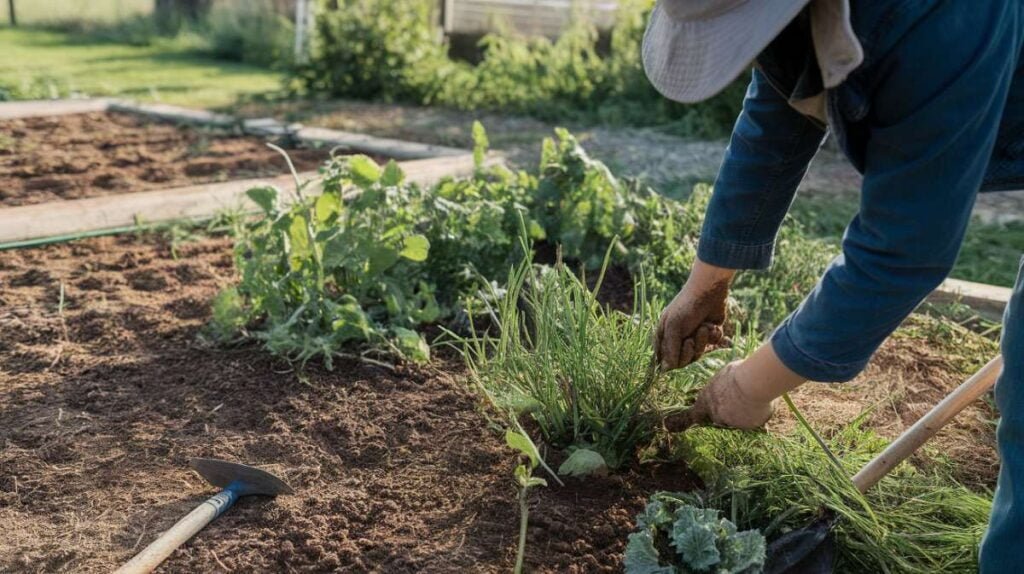 A photo of a gardener pulling weeds from an allotment plot. The gardener is wearing a hat and a jacket. The gardener's hands arecovered with soil. The plot is partially cleared, showing a mix of overgrown weeds and patches of bare soil. A fork and a trowel are lying nearby. The background features a sunny, peaceful allotment soil space with other cultivated plots in the distance.