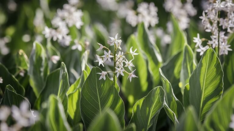 A photo of a wild garlic plant in bloom, with the glossy green leaves and delicate white star-shaped flowers in focus. The texture ofthe leaves and the natural beauty of the wild garlic are captured. Sunlight filters through the leaves, casting dappled patterns on the ground and creating a fresh and vibrant atmosphere.