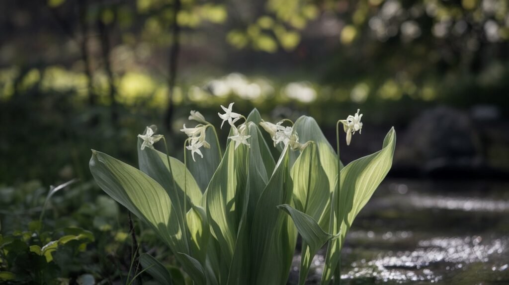 A photo of a wild garlic plant in bloom. The glossy, broad leaves are light green and have a few white flowers. The flowers arestar-shaped and have a delicate, almost translucent texture. The plant is growing in a damp, shaded area under trees. The background is blurred, with patches of greenery and a few rocks. The lighting is soft, with sunlight filtering through the leaves and casting a dappled pattern on the ground.