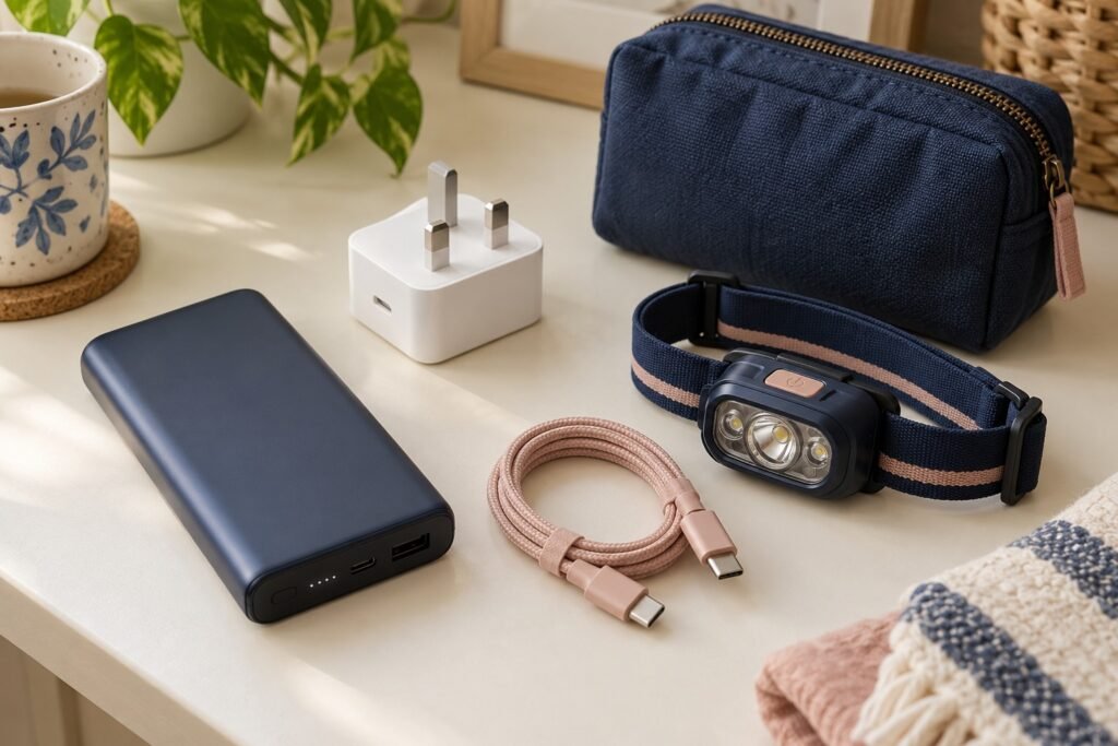Power bank, USB-C cable, UK wall charger and head torch beside a small zip pouch.