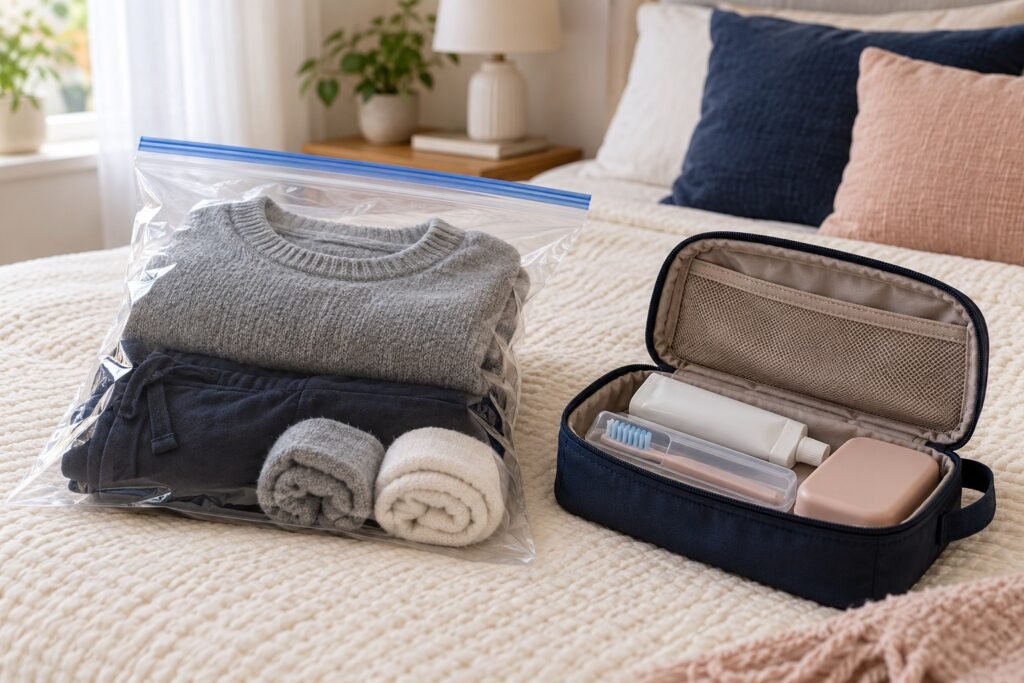Folded clothes and socks in a resealable bag beside a wash kit containing a toothbrush, toothpaste and soap box.