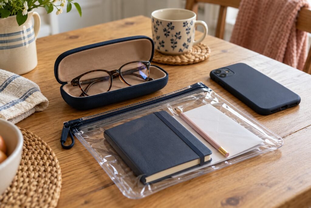 Spare glasses in a hard case beside a phone and a clear pouch containing a notebook, pencil and envelope.