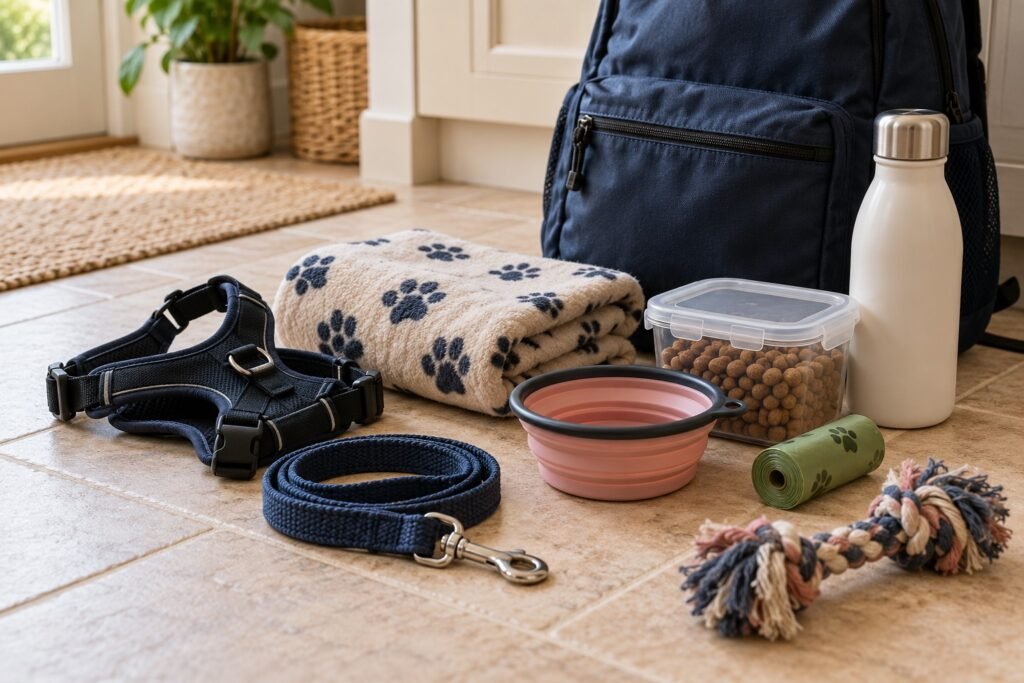 Dog lead, harness, food, water bottle, collapsible bowl, poo bags, blanket and toy beside a backpack.