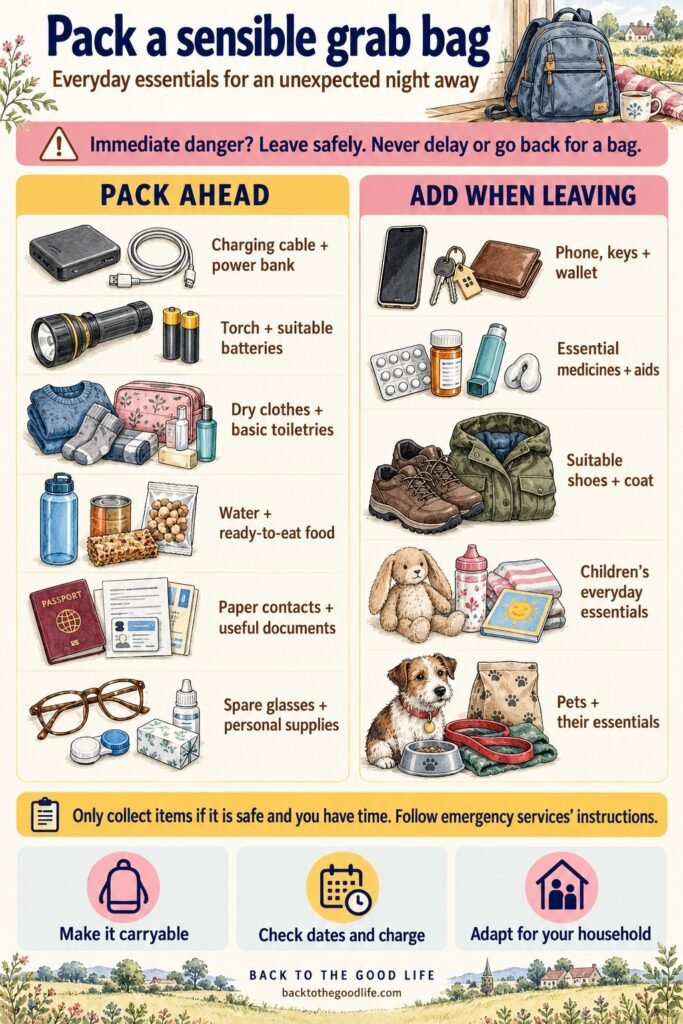 UK grab bag checklist showing what to pack ahead and add when leaving, with a reminder never to delay escape or return for belongings.