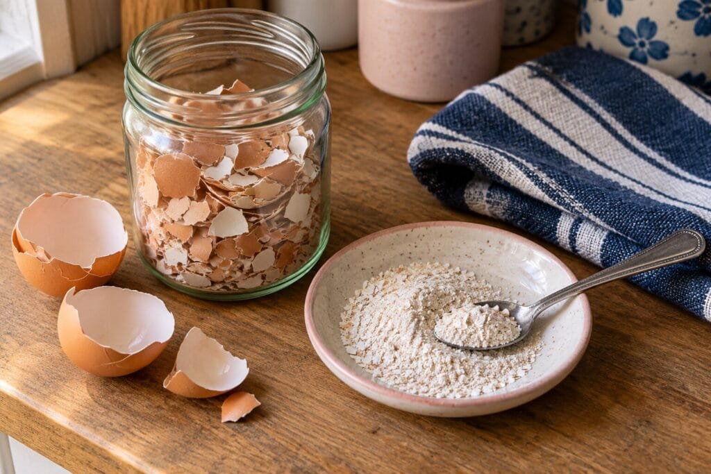 Dried eggshells in a glass jar beside a dish of ground eggshell powder.