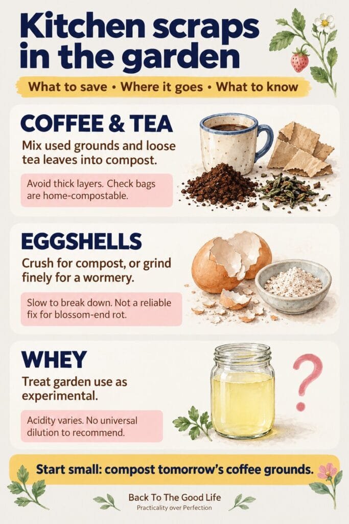 Guide to composting coffee and tea, preparing eggshells and approaching whey cautiously.