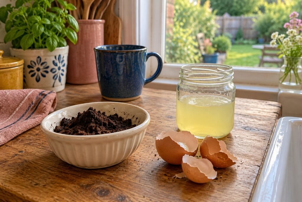 Coffee grounds, brown eggshells and a jar of whey on a kitchen worktop.