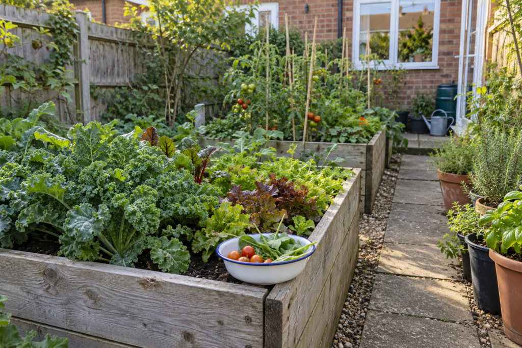 Raised beds of kale, lettuce and tomatoes in a small garden beside a brick house.