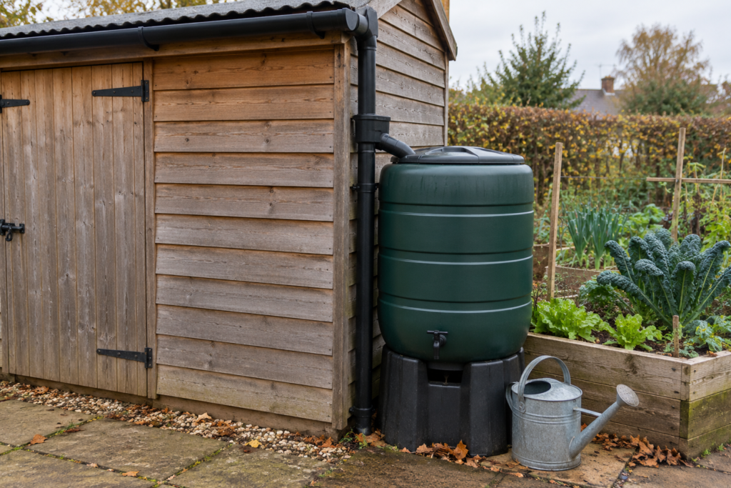 Covered water butt connected to a shed downpipe, with a watering can alongside.