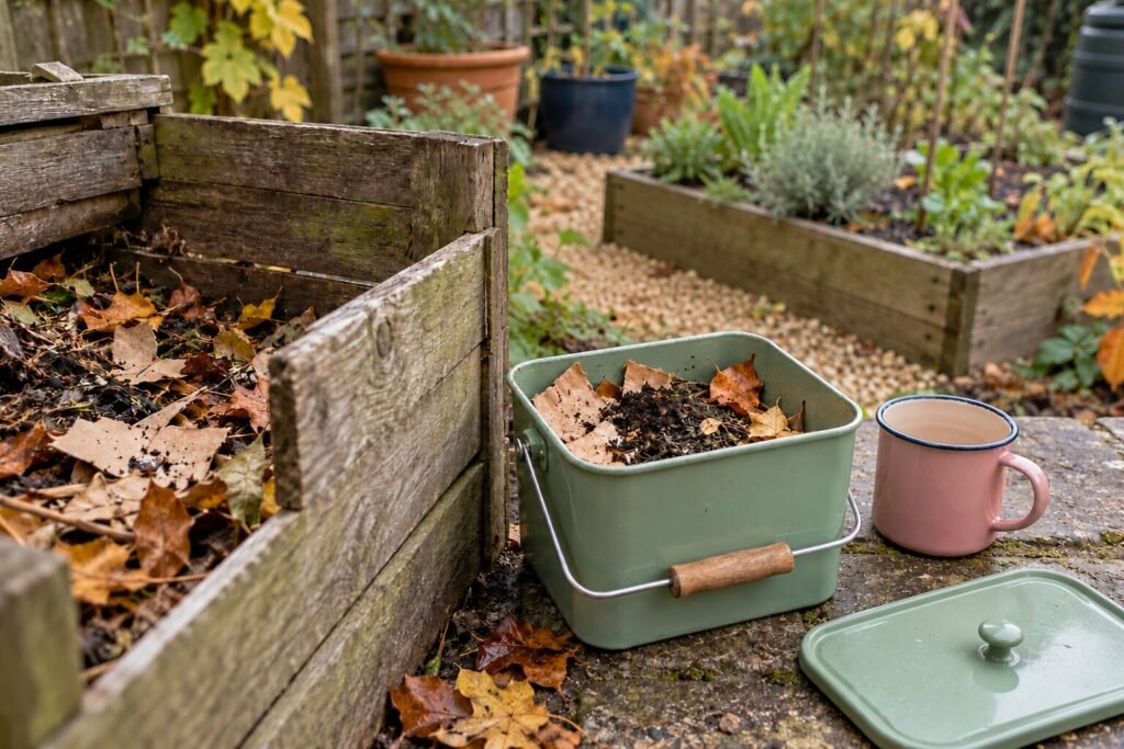 Coffee grounds and tea leaves mixed with cardboard and dry leaves beside a compost bin.