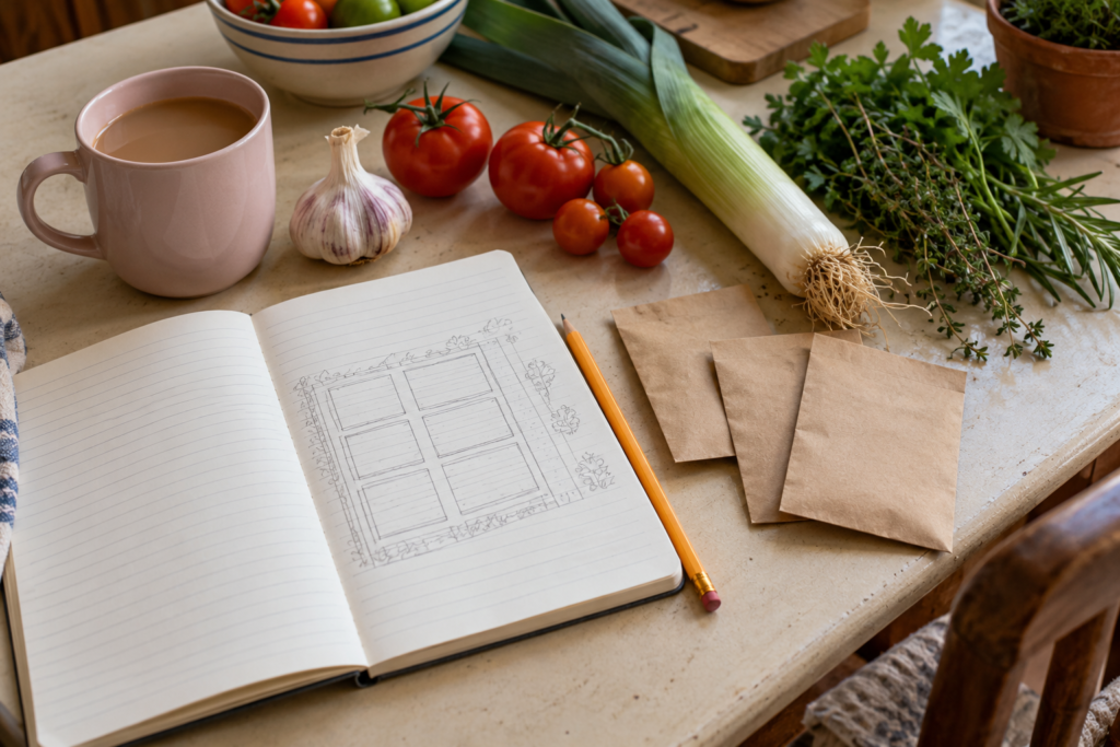 Garden-planning notebook, seed envelopes, vegetables and a pink mug on a kitchen table.